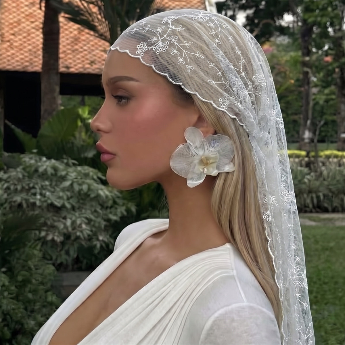 Women Fashion Necktie - White Floral Lace Mesh Headscarf Women