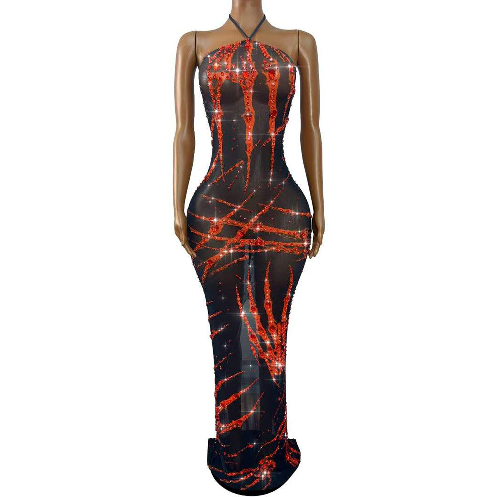 Women Fashion Photoshoot - Sexy Shining Rhinestones Mesh Bandage Dress