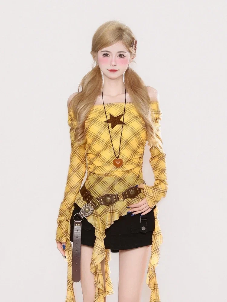 Y2K Plaid Slash Neck Vintage T - Women'S Y2K Fashion Aesthetic 评论和价格