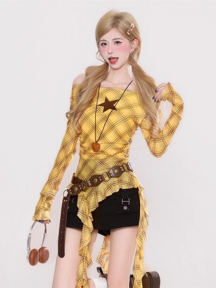 Y2K Plaid Slash Neck Vintage T - Women'S Y2K Fashion Aesthetic 评论和价格